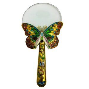 Vintage Cloisonné Butterfly Handle Magnifying Glass With Floral Enamel Design 7”